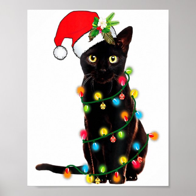 Black Cat Santa Tangled Up In Christmas Lights _1  Poster (Front)