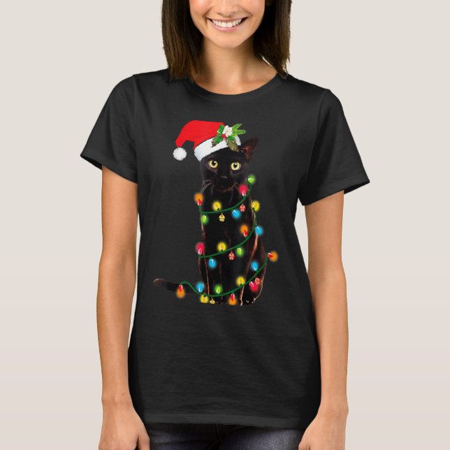 Black Cat Santa Tangled Up In Christmas Lights _1  T-Shirt (Front)