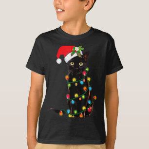 Black Cat Santa Tangled Up In Christmas Lights _1 T-Shirt
