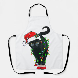 Black Cat Santa Tangled Up In Christmas Lights Apron