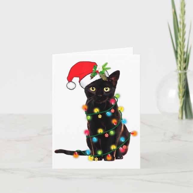 Black Cat Santa Tangled Up In Christmas Lights  Card (Front)