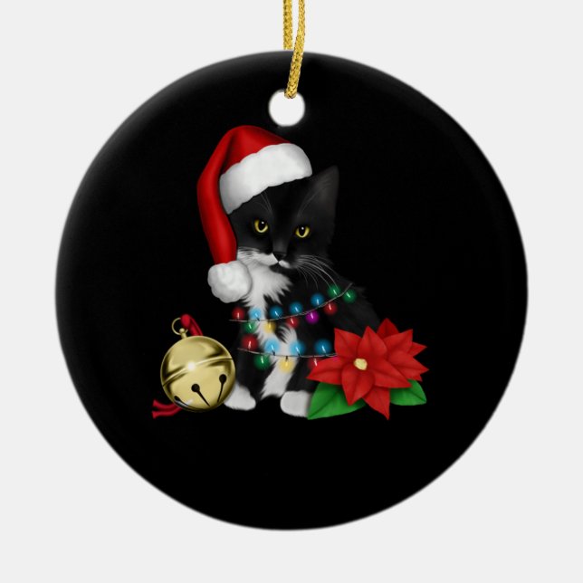 Black Cat Santa Tangled Up In Christmas Lights Ceramic Tree Decoration (Front)