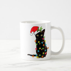 Black Cat Santa Tangled Up In Christmas Lights  Coffee Mug