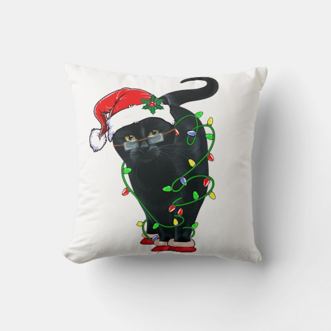 Black Cat Santa Tangled Up In Christmas Lights Cushion (Front)