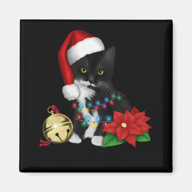 Black Cat Santa Tangled Up In Christmas Lights Magnet (Front)