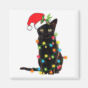 Black Cat Santa Tangled Up In Christmas Lights  Magnet