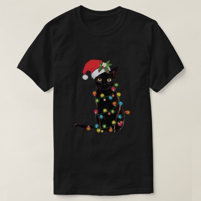 Black Cat Santa Tangled Up In Christmas Lights Swe T-Shirt (Design Front)