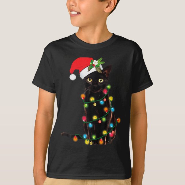 Black Cat Santa Tangled Up In Christmas Lights  T-Shirt (Front)