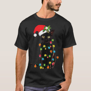 Black Cat Santa Tangled Up In Christmas Lights  T-Shirt