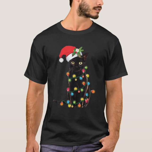 Black Cat Santa Tangled Up In Christmas Lights T-Shirt (Front)
