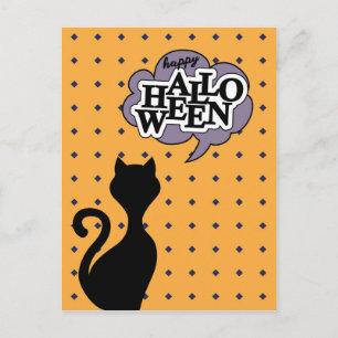 Black cat says happy halloween postcard