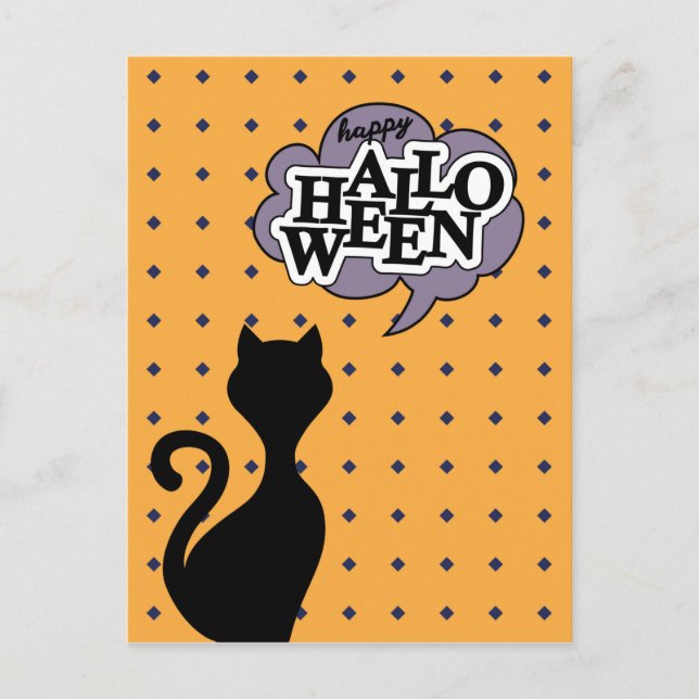 Black cat says happy halloween postcard (Front)