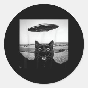 Black Cat Selfie Ufo Alien Funny Gifts For Men Classic Round Sticker