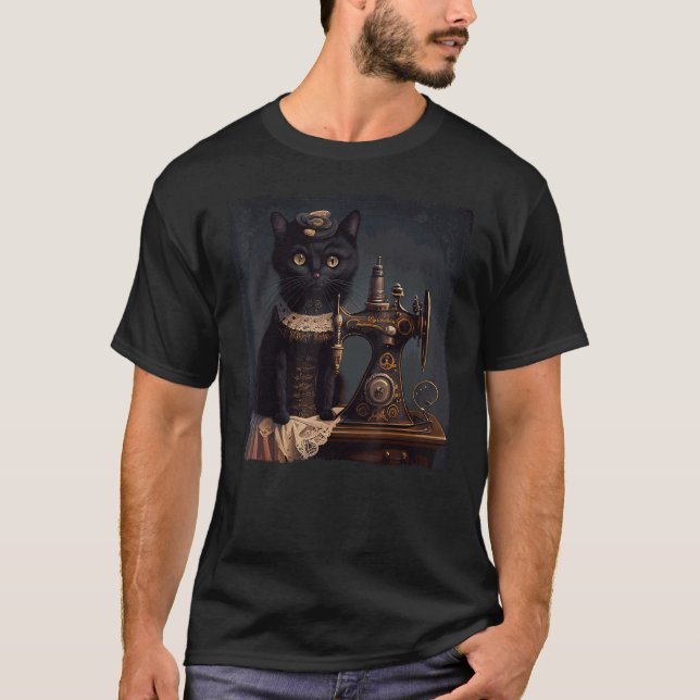 Black Cat Sewing Steampunk T-Shirt (Front)