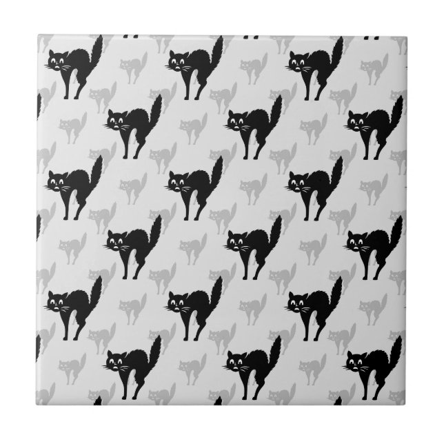 Black Cat Shadow Silhouette Pattern Design Tile (Front)