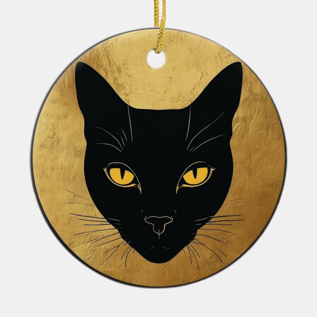 Black Cat Silhouette Against a Gold Circle Ceramic Tree Decoration (Front)