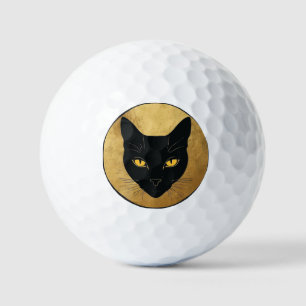 Black Cat Silhouette Against a Gold Circle Golf Balls