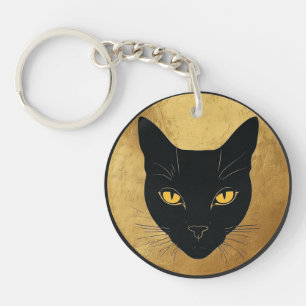 Black Cat Silhouette Against a Gold Circle Key Ring