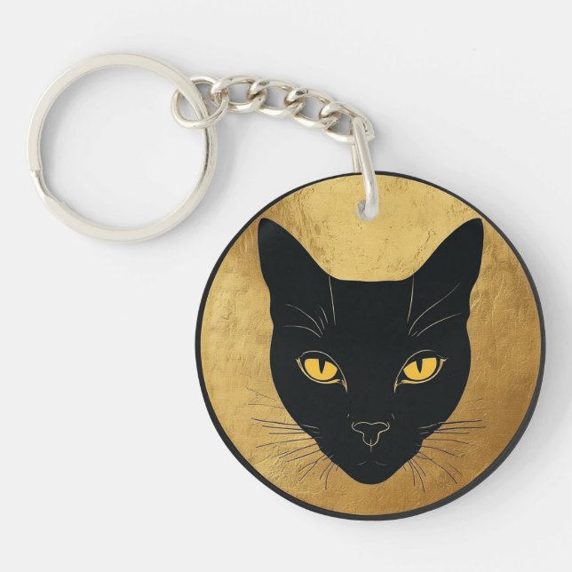 Black Cat Silhouette Against a Gold Circle Key Ring (Front)