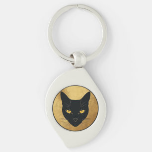 Black Cat Silhouette Against a Gold Circle Key Ring