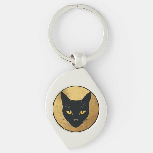 Black Cat Silhouette Against a Gold Circle Key Ring (Front)