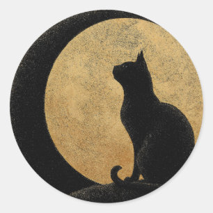Black Cat Silhouette Against a Golden Moon Classic Round Sticker