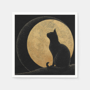 Black Cat Silhouette Against a Golden Moon Napkin