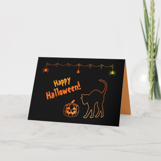Black Cat Silhouette and Jack o'lanterns Halloween Card (Front)