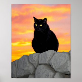 Black Cat Silhouette at Sunset Wall Art