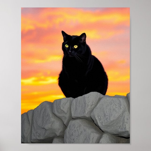 Black Cat Silhouette at Sunset Wall Art (Front)