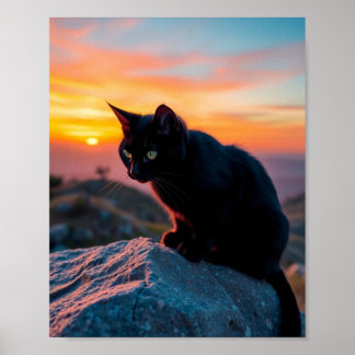 Black Cat Silhouette at Sunset Wall Art