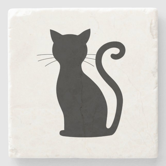Black Cat Silhouette Black and White Cute Stone Coaster (Front)