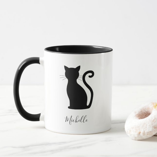 Black Cat Silhouette Black and White Name Cute Mug (With Donut)