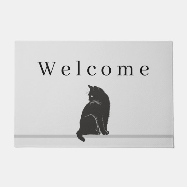Black Cat Silhouette Black WELCOME Grey  Doormat (Front)