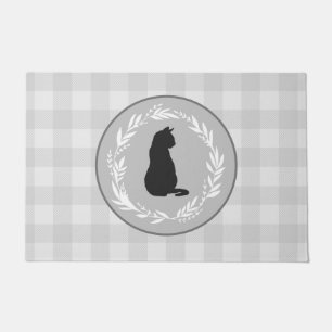 Black Cat Silhouette Buffalo Check Pattern Grey Doormat