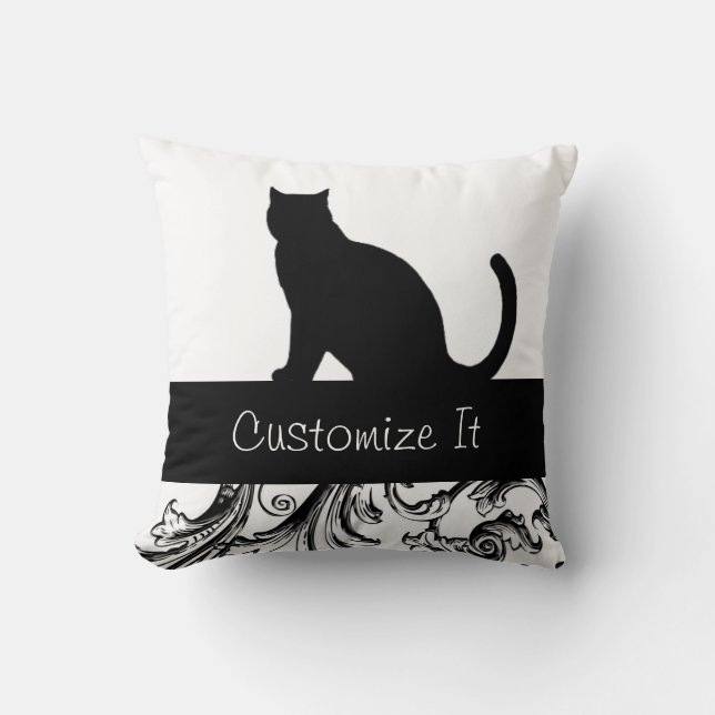 Black Cat Silhouette Elegant Baroque Trim Cushion (Front)