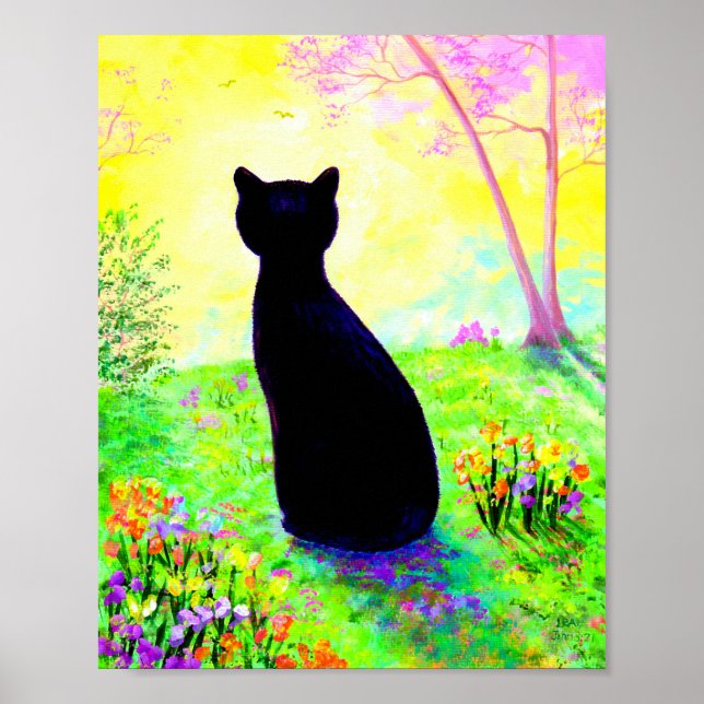 Black Cat Silhouette Flowers Creationarts Poster (Front)