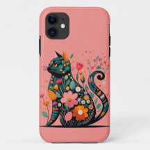 Black Cat silhouette made of colourful flowers