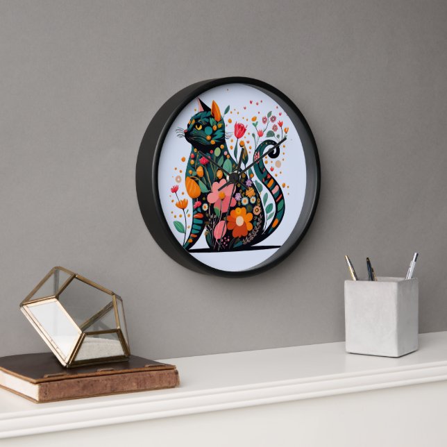 Black Cat silhouette made of colourful flowers Clock (Office)