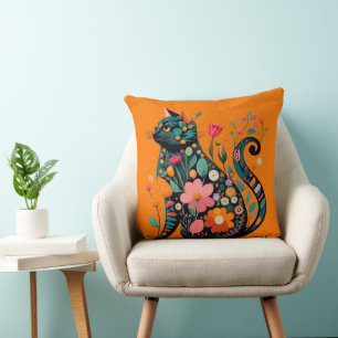 Black Cat silhouette made of colourful flowers Cushion