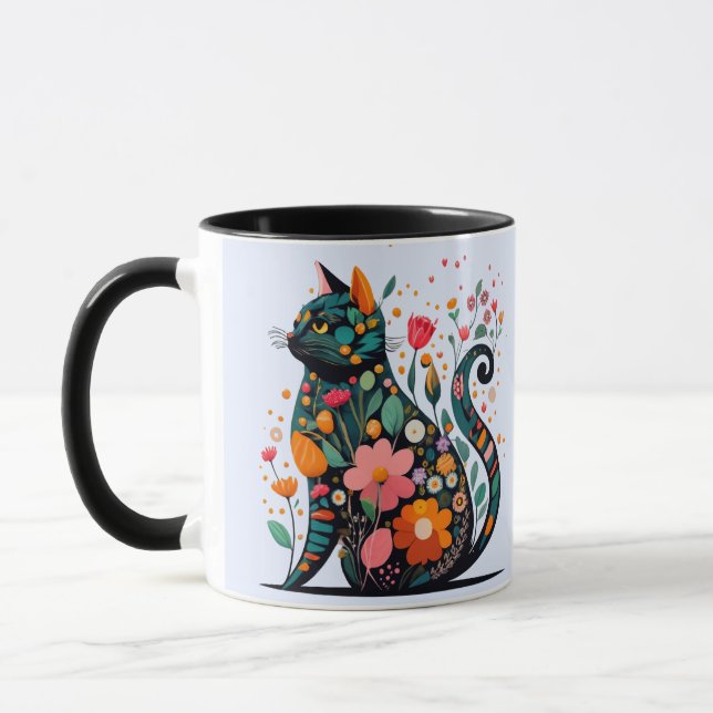 Black Cat silhouette made of colourful flowers Mug (Left)