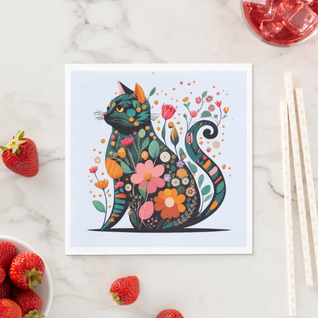Black Cat silhouette made of colourful flowers Napkin (Insitu)