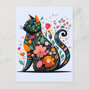 Black Cat silhouette made of colourful flowers Postcard