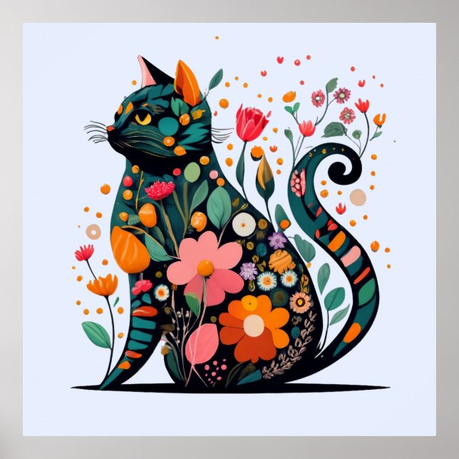 Black Cat silhouette made of colourful flowers Poster (Front)
