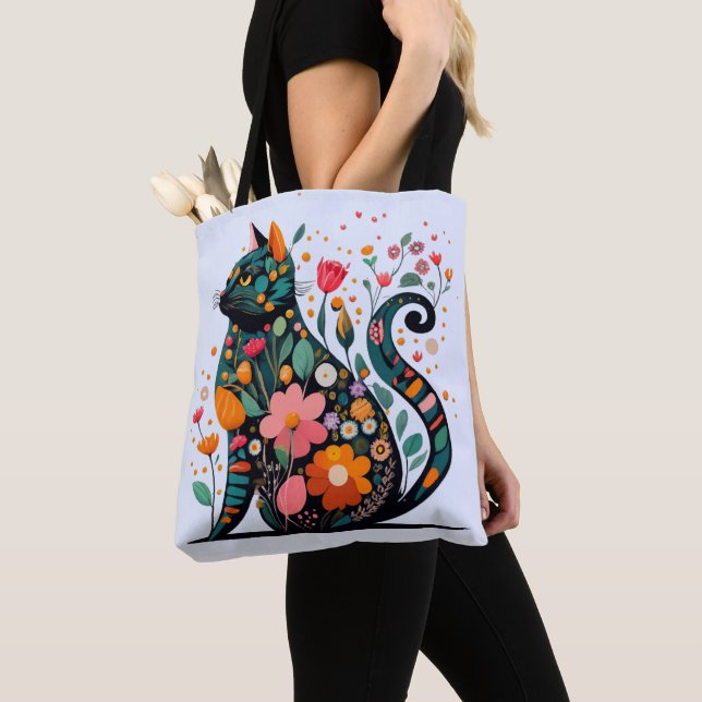 Black Cat silhouette made of colourful flowers Tote Bag (Close Up)
