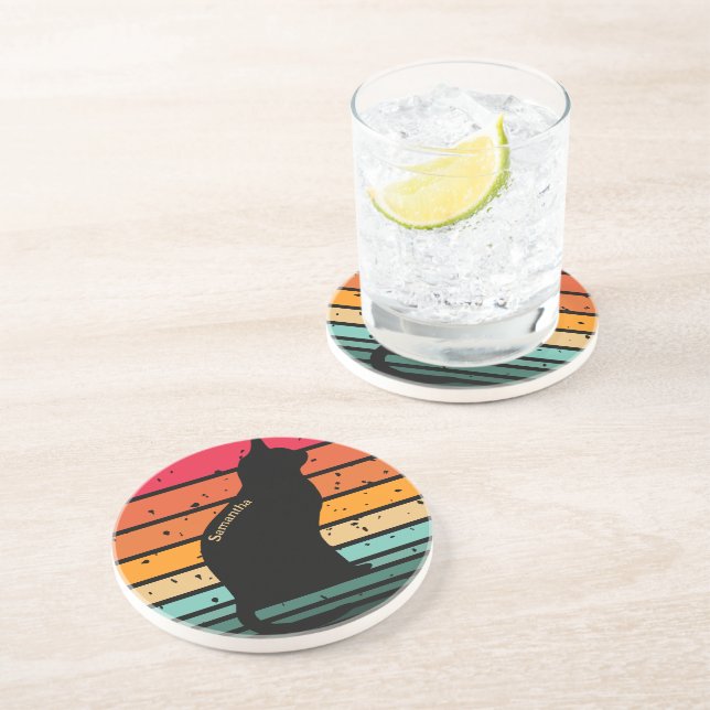 Black Cat Silhouette on Distressed Rainbow Coaster (Side)