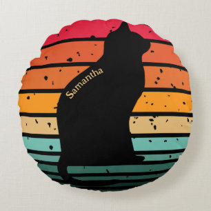 Black Cat Silhouette on Distressed Rainbow Round Cushion