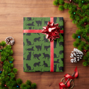 Black Cat Silhouette on Green Wrapping Paper