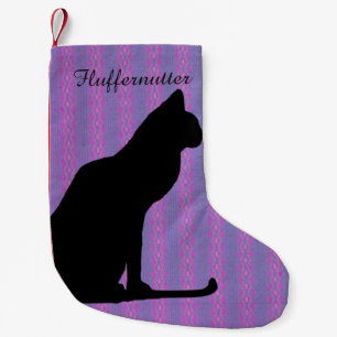 Black Cat Silhouette on Purple Stripes Small Christmas Stocking
