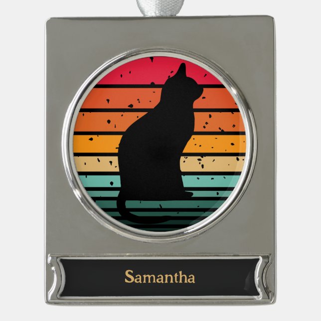 Black Cat Silhouette on Rainbow Circle Christmas Silver Plated Banner Ornament (Front)